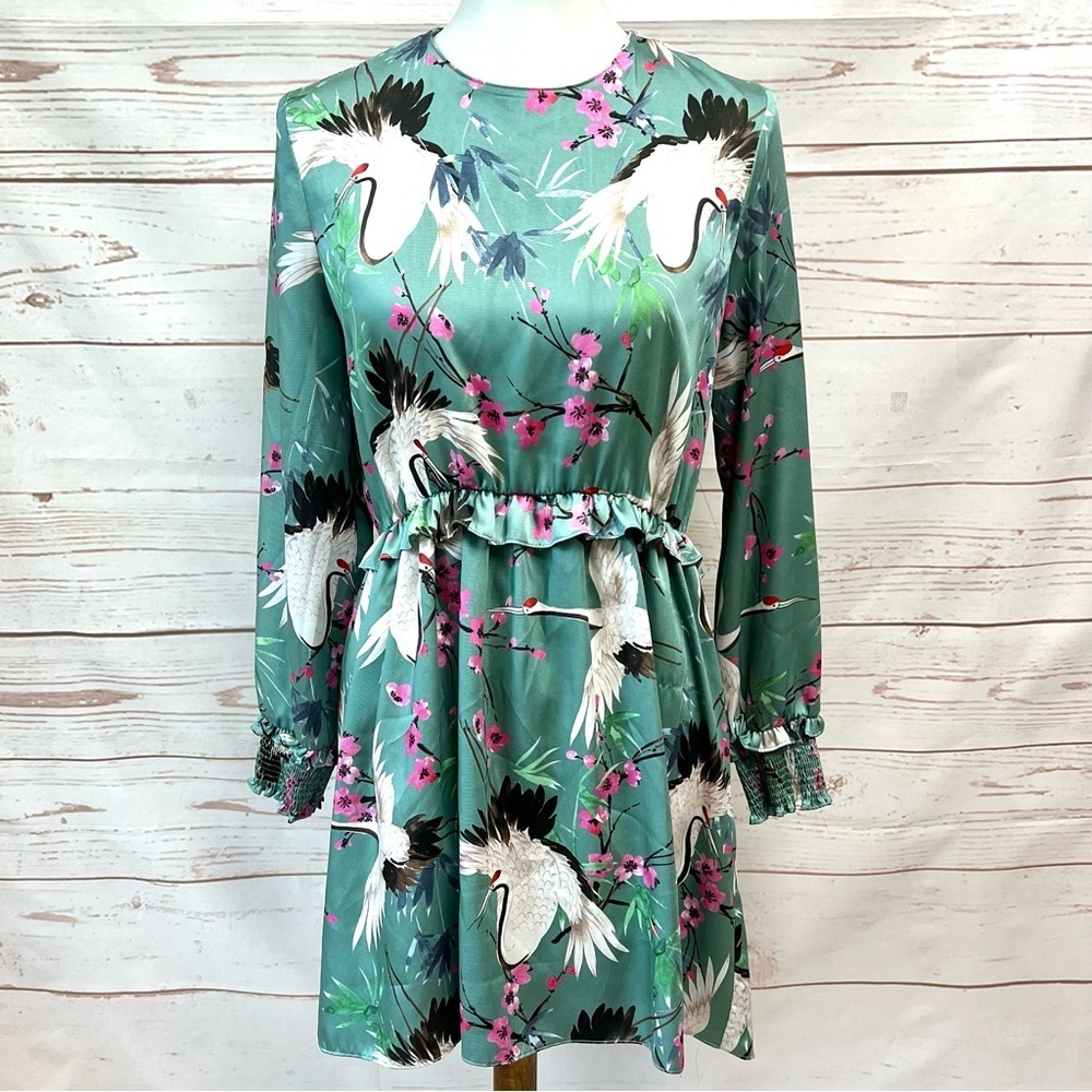 Zara Cherry Blossom Sea Green Satin Crane Heron Bird Satin Dress
